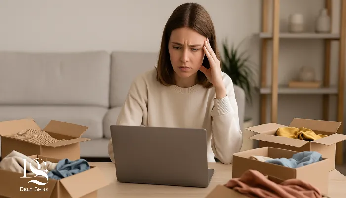 زن ناراضی از خرید لباس آنلاین
