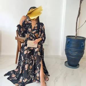 پیراهن ساحلی حریر با طرح گلدار مشکی