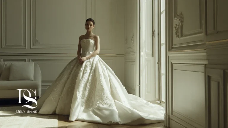 لباس عروس ۲۰۲۵ با دامن حجیم از ابریشم طبیعی، اپلیکه گیپور فرانسوی و جزئیات دست‌دوز در فضایی مینیمال و لوکس