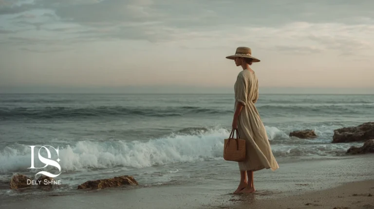 استایل ساحلی ۲۰۲۵ با لباس لنین شسته، کلاه حصیری و کیف بافت در ساحل مدیترانه؛ پالت شنی، آبی دریا و سبز زیتونی مناسب سفر تابستانی و عکاسی فضای باز.