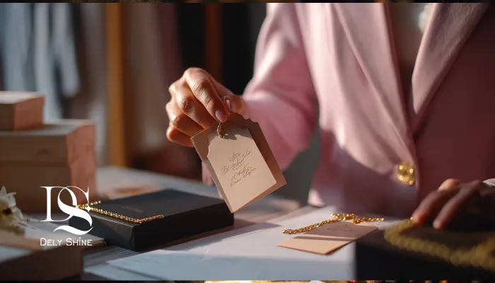 **Midjourney Prompt:** > A close-up of a Persian fashion expert examining a luxury dress label under soft studio light, comparing an authentic designer tag with a counterfeit one. Visible texture differences, fine stitching, and packaging details on a boutique desk. Elegant, professional aesthetic, ultra-realistic, 16:9 aspect ratio. **متن جایگزین (Alt Text):** کارشناس مد ایرانی در حال بررسی برچسب لباس برند برای تشخیص تفاوت لباس اصل و تقلبی.