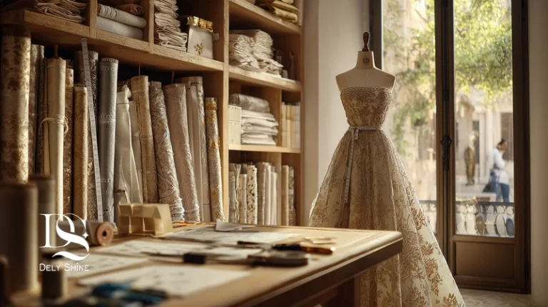 نمای ورک‌شاپ مزون و فیت لباس؛ تفاوت مزون‌دوز با لباس تولید انبوه با رول‌های پارچه و مانکن.