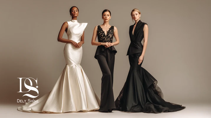 راهنمای فرم بدن و انتخاب لباس مجلسی مزون‌دوز با تاکید بر خطوط عمودی و مورب؛ لباس عروس و شب با پارچه‌های ساتن، میکادو و کرپ در نور نرم.