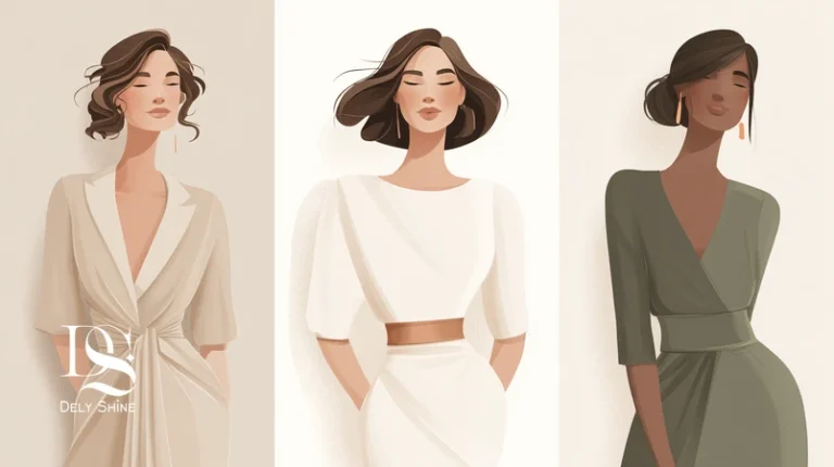 تصویر استایل مناسب برای فرم‌های ساعت‌شنی، گلابی و سیب با یقه مناسب، کمربند و دامن‌های پیشنهادی؛ راهنمای فرم بدن برای انتخاب لباس زنانه.