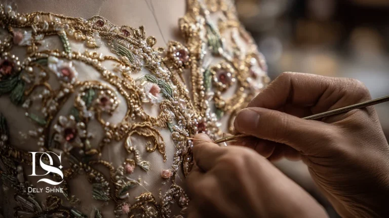 کلوزآپ از هنر سنگ‌دوزی و گلدوزی روی لباس مجلسی مزون دلی‌شاین با کریستال، مروارید و نخ طلایی روی ارگانزا و ساتن؛ نمایش ظرافت، لوکس بودن و مهارت دست‌دوز.