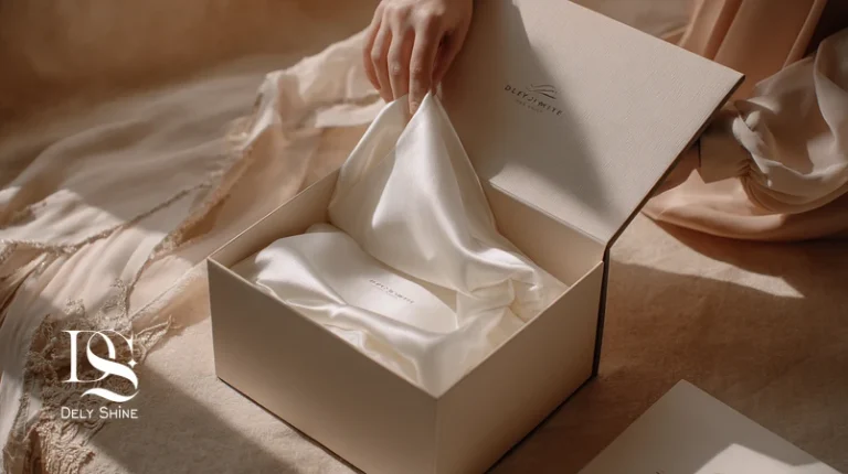 تجربه آنباکسینگ لوکس مزون دِلی‌شاین با جعبه لوگودار، کاغذ پوستی و لباس مجلسی؛ راهنمای تجربه خرید دِلی‌شاین