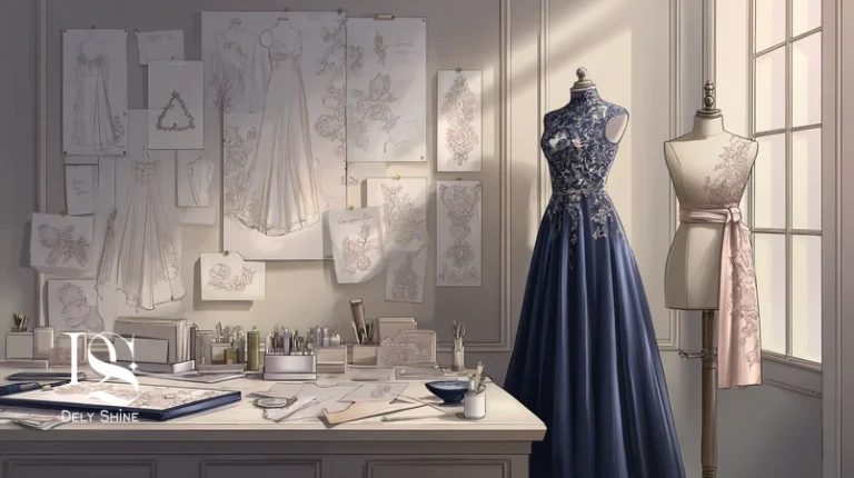 فرایند مزون‌دوزی لباس مجلسی در دلی‌شاین از طراحی و الگو تا پرو و تحویل، با پارچه‌های ساتن، شیفون و گیپور و جزئیات یراق‌دوزی حرفه‌ای