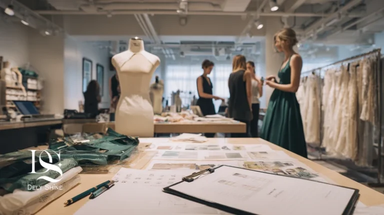 پشت‌صحنه مزون حرفه‌ای با میز برش، مانکن، ایستگاه اتو و تیم در حال بررسی Tech Pack و چک‌لیست کنترل کیفیت