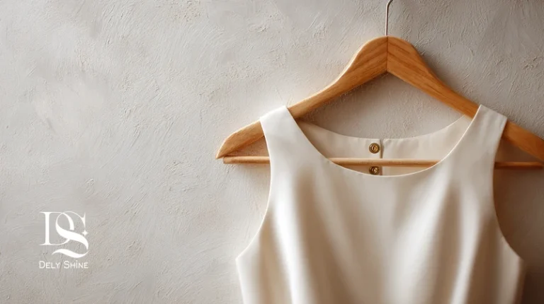 لباس زنانه آویخته با جزئیات دوخت تمیز؛ نمایش جزئیات مزون دلی‌شاین و کیفیت لباس در استایل مینیمال.