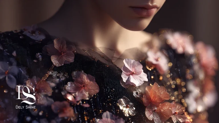 جزئیات تکنیک‌های تزئین نوین 2026 روی لباس مجلسی شامل 3D appliqué، پرل‌ورک میکرو، لیزرکات و چاپ تکمیلی.