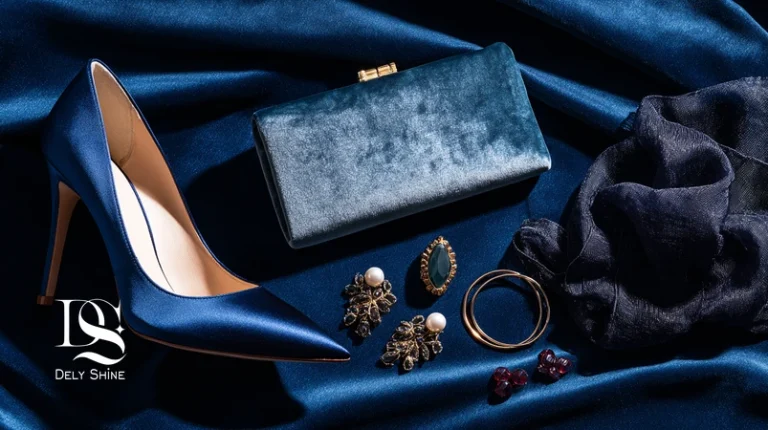 استایل فلت اکسسوری لباس شب با کفش پاشنه‌بلند ساتن، کیف کلاچ مخمل، گوشواره استیتمنت طلایی، دستبند رزگلد و شال حریر مینیمال هماهنگ؛ راهنمای ست کردن اکسسوری لباس شب