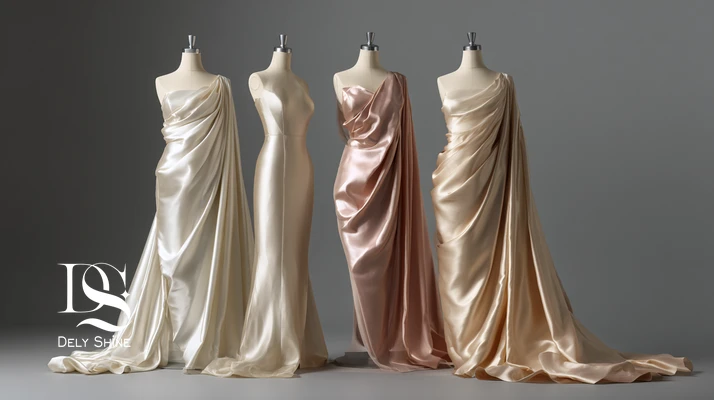 نمونه بافت و دراپ پارچه‌های مجلسی شامل ساتن، کرپ، ارگانزا و لمه با نور کنترل‌شده؛ راهنمای انتخاب پارچه لباس شب و عروس با براقیت و دراپ مناسب