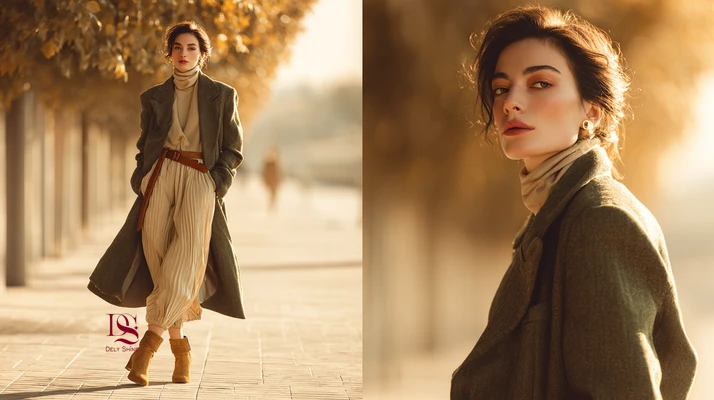 استایل پاییز ۲۰۲۵ با رنگ‌های خاکی و بافت‌های طبیعی: مانتوی اولیو، بادی بژ، دامن پلیسه کرم و چکمه ماسه‌ای؛ مناسب مزون‌های زنانه و ترند رنگ‌های پاییز ۱۴۰۵.