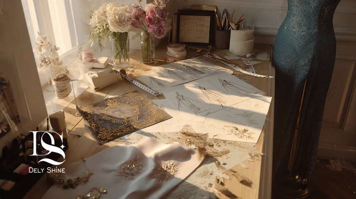 میز کار طراحی لباس با اتودها، نوارمتر، نمونه‌پارچه و مودی‌بورد مزونی؛ نمایش فرایند طراحی لباس از ایده تا اجرا در مزون دلی‌شاین
