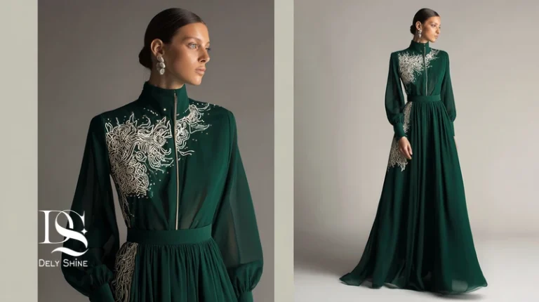 لباس زنانه مجلسی با تلفیق سنت و مدرنیته؛ بته‌جقه مینیمال، سوزن‌دوزی ظریف و زری‌دوزی طلایی روی پارچه‌های مدرن برای استایلی هویت‌مند.