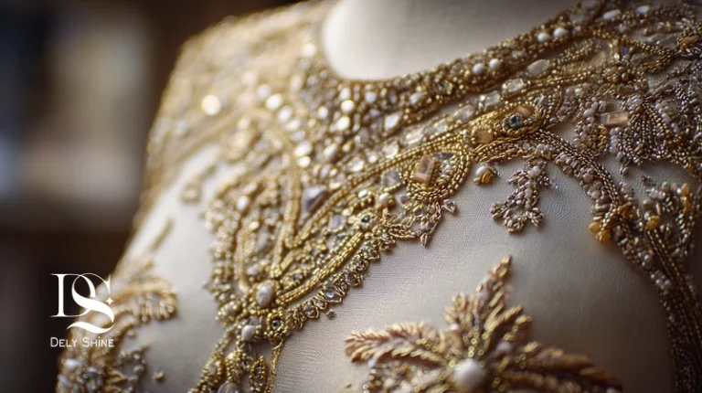 کلوزآپ جزئیات دست‌دوز روی لباس مجلسی لوکس با دوخت تمیز، گلدوزی دقیق و سنگ‌دوزی هوشمندانه روی پارچه ابریشمی، مطابق استانداردهای مزون دلی‌شاین