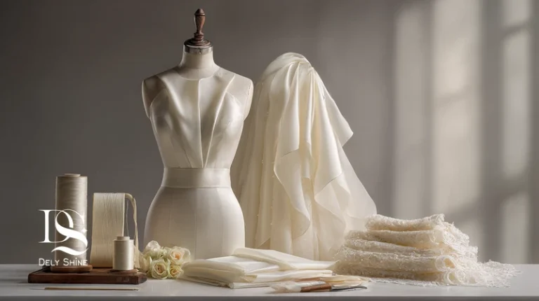 تصویر پارچه لباس عروس لوکس با ابریشم طبیعی، میکادو، ارگانزا، کرپ و دانتل شانتی در فضای مزون، با تمرکز بر درخشندگی و ریزش پارچه.