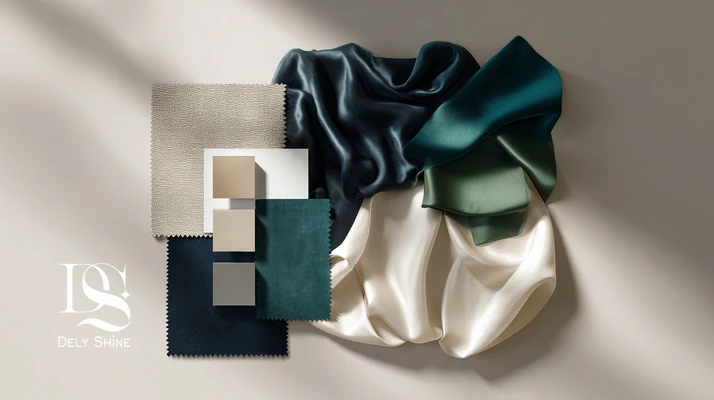 پالت رنگ مینیمال لوکس با اکسنت زمردی برای لباس شب؛ ساتن مات، کرپ و ارگانزا