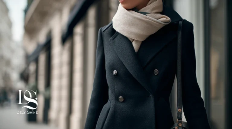 تصویر پالتو پشمی مینیمال زنانه با دو ردیف دکمه و برش تمیز، هماهنگ با بوت و کیف ساختارمند؛ مناسب راهنمای انتخاب لباس زمستانی شیک با پارچه پشمی و کرپ
