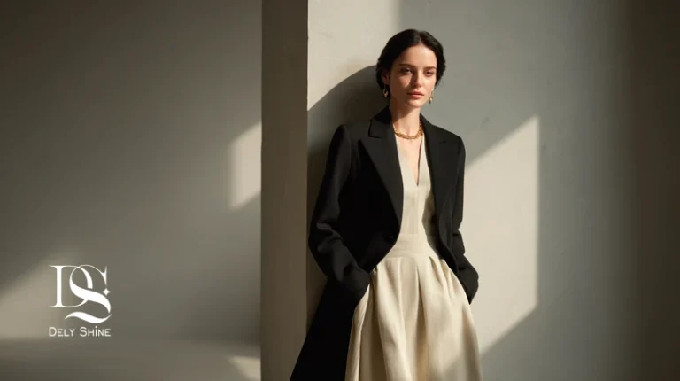 تصویر سبک مینیمال 2026 در لباس زنانه با پالت خنثی، فرم‌های ساده و دوخت تمیز؛ استایل روزمره شیک با الهام از مزون‌دوزی ایرانی و دلی‌شاین.
