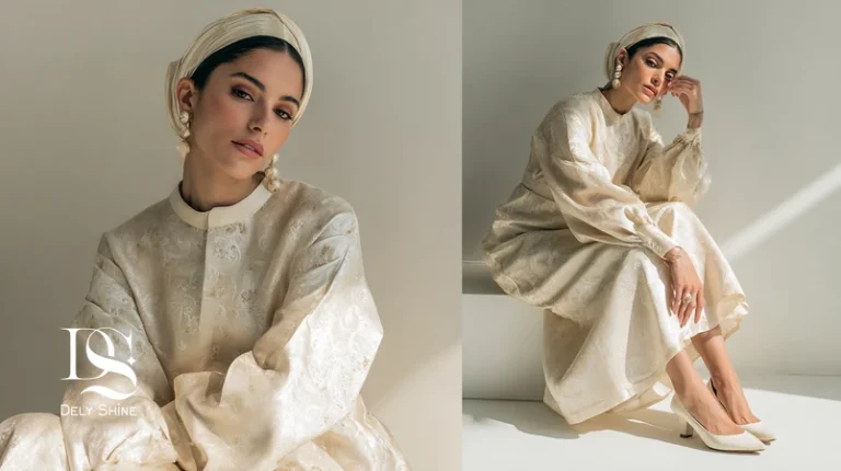 لباس عقد ایرانی با خطوط مینیمال و موتیف ظریف بته‌جقه در استودیوی روشن