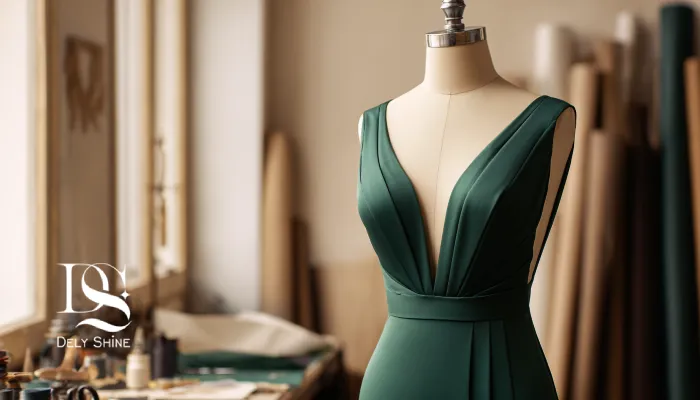 لباس شب رسمی روی مانکن با برش ظریف و رنگ عمیق جواهرگونه.