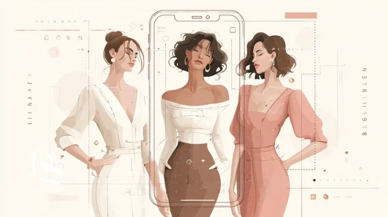 اینفوگرافیک راهنمای انتخاب سایز آنلاین با مقایسه فیت‌های Relaxed، Regular و Slim، خطوط اندازه‌گیری و پیش‌نمایش پرو مجازی روی موبایل برای خرید اینترنتی لباس زنانه