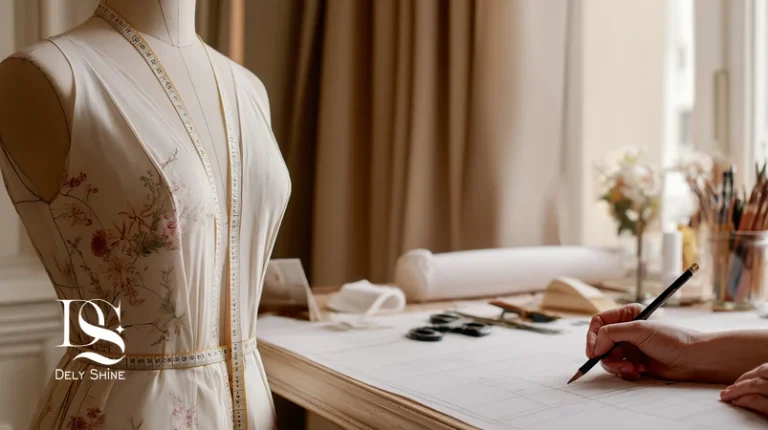 پرو ماکت موسلین و الگوی کاغذی روی میز کار مزون برای دوخت حرفه‌ای و فیت دقیق لباس سفارشی | الگو لباس و پرو