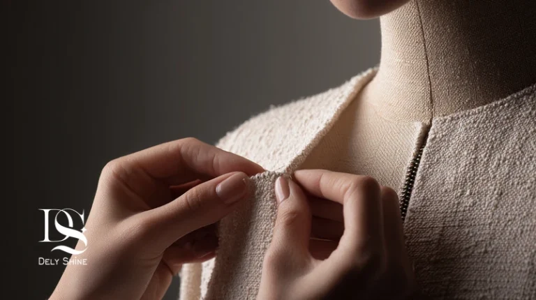 دست‌ها در حال بررسی پارچه بافت‌دار؛ راهنمای تشخیص لباس باکیفیت با تمرکز بر کیفیت پارچه و کیفیت دوخت