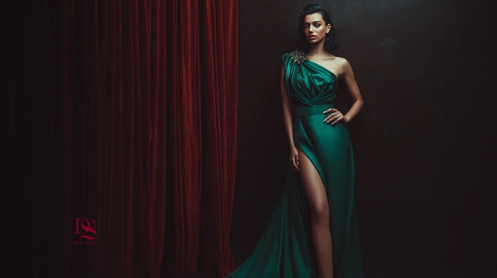 لباس‌های فرش قرمز ۲۰۲۵ با برش نامتقارن، کرست نرم و درخشش نقطه‌ای به رنگ سبز بطری؛ الهام برای لباس مجلسی لاکچری ۱۴۰۵ در مزون دلی‌شاین