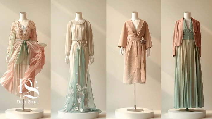 کلاژ چهارفصل مد زنانه با پارچه مناسب هر فصل؛ پالت رنگ بهاری، پارچه مناسب تابستان، لباس مجلسی پاییزی و لایه‌چینی زمستانی لوکس در بک‌گراند استودیویی