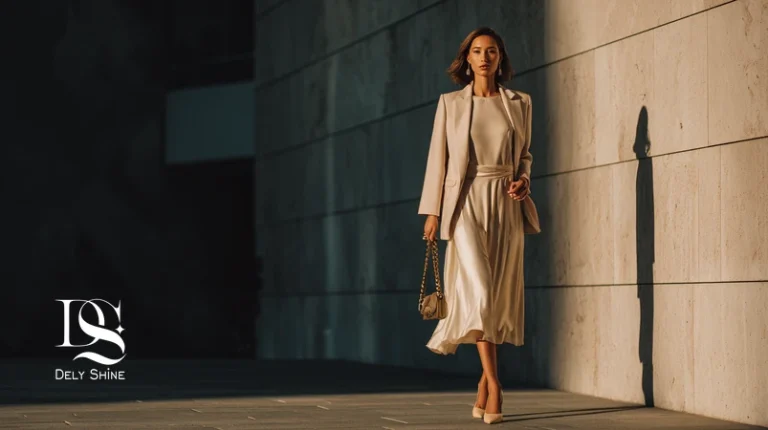 استایل نیمه‌رسمی زنانه با لباس میدی برش A و کت سبک در فضایی شهری برای استایل عصرگاهی؛ مناسب مهمانی نیمه‌رسمی