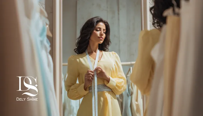 پرامپت انگلیسی برای تولید تصویر (مناسب برای مقاله «چطور سایز واقعی خود را پیدا کنیم؟ راهنمای انتخاب سایز در فیت‌های جذب، آزاد و کشی»): **Midjourney Prompt:** > A stylish Persian woman standing in front of a mirror, measuring her waist with a soft tape measure while different clothing fits are displayed around her — one slim-fit dress, one loose-fit blouse, and one stretchy outfit. Modern boutique setting with neutral lighting, clean background, and fabric texture details. Elegant, fashion-magazine composition, 16:9 aspect ratio, ultra-realistic, soft tones. **متن جایگزین (Alt Text):** زن ایرانی در حال اندازه‌گیری دور کمر با متر خیاطی، همراه با نمونه لباس‌های جذب، آزاد و کشی در کنار او.