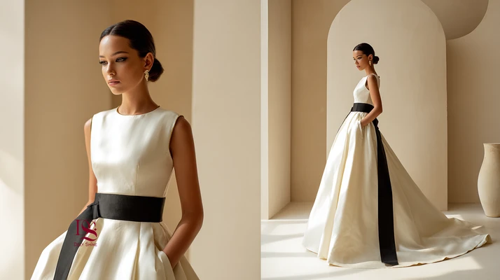 لباس سفید ساتن با ربان مشکی در استودیوی مینیمال؛ نمونه‌ای از الگوریتم استایل برای وایرال شدن لباس در پینترست با کنتراست، خط بدن و نور لوکس