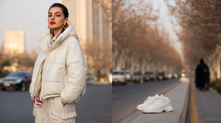استایل خیابانی تهران ۱۴۰۵ با کاپشن اورسایز، شلوار کارگو خط‌دار و کتانی سفید تمیز؛ اکسسوری مینیمال و کیف دست‌دوز ایرانی در پس‌زمینهٔ شهری تهران.