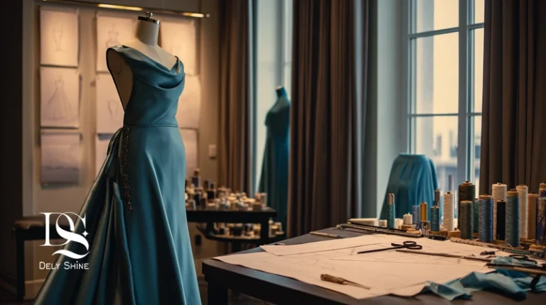 فرآیند طراحی لباس شب خاص با پارچه‌های ممتاز و دوخت تمیز در مزون