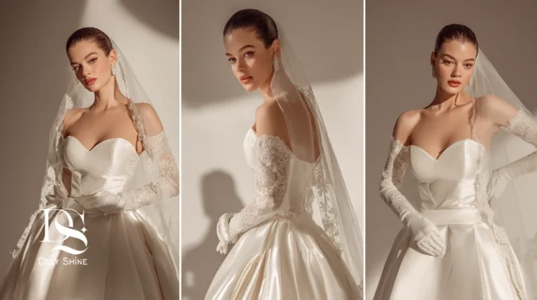لباس عروس ۲۰۲۶ سبک کلاسیک با ساتن میکادو، آستین دانتل شانتی و تور ظریف؛ بازگشت ظرافت کلاسیک در مزون‌دوزی دلی‌شاین.
