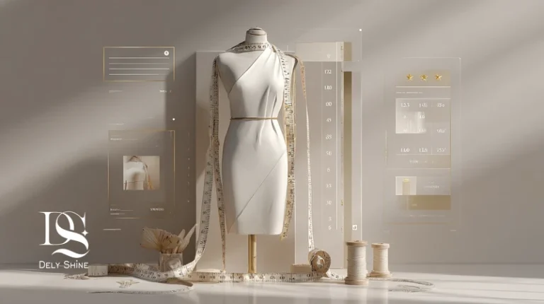 تصویر شاخص چک‌لیست خرید آنلاین لباس زنانه با متر خیاطی روی مانکن، جدول سایز سانتی‌متری و لباس مجلسی؛ راهنمای اندازه‌گیری و انتخاب سایز مطمئن.