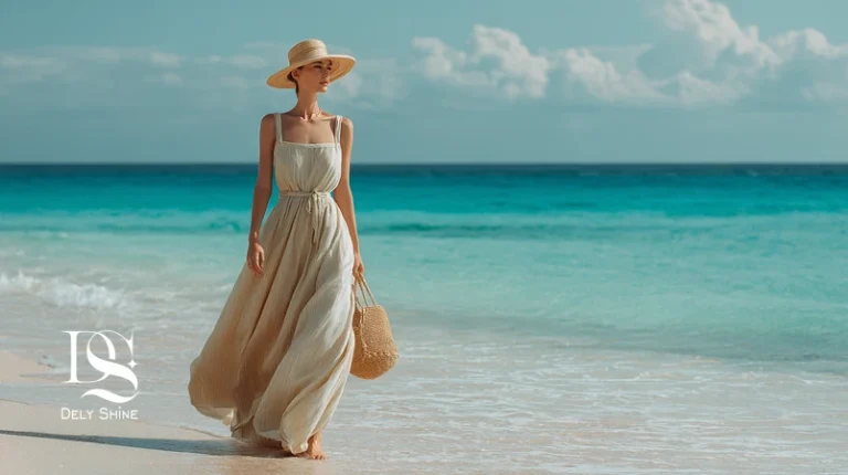تصویر استایل ساحلی ۲۰۲۶ با لباس ماکسی از پارچه‌های تنفسی لینن و ویسکوز، فرم آزاد و بند قابل‌تنظیم در کنار اکسسوری حصیری و پالت رنگ ساحلی.