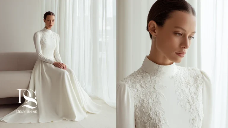 تصویر عروس ۲۰۲۶ با لباس عروس مینیمال و دانتل مدرن؛ پارچه‌های سبک و فیت تمیز در مزون دلی‌شاین.
