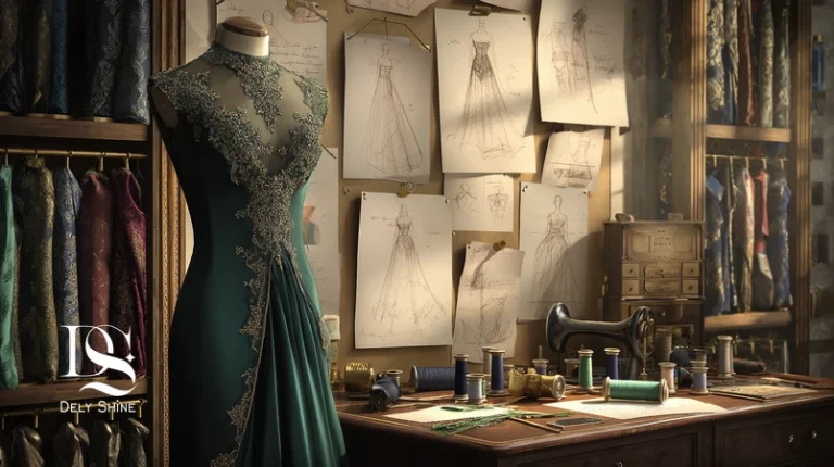 تصویر شاخص روایت لباس سفارشی منحصربه‌فرد؛ از اسکچ تا لباس مجلسی نهایی با مزون‌دوزی حرفه‌ای و کیفیت دوخت بالا در فضای آتلیه طراحی.