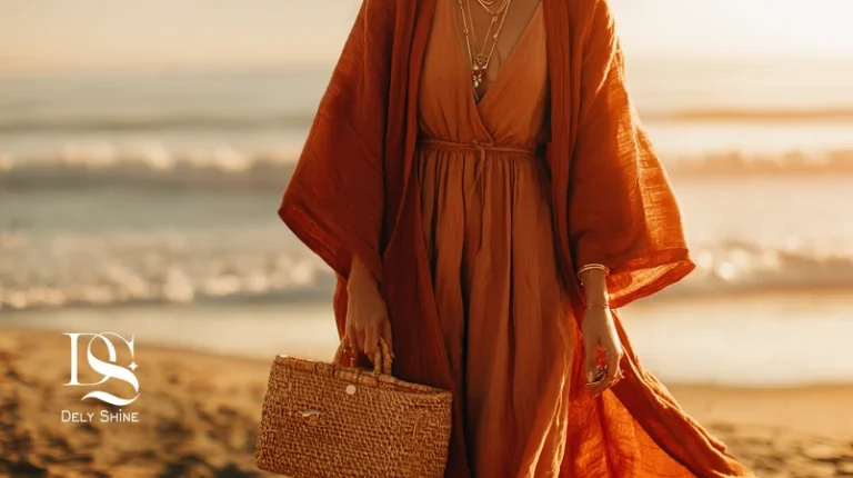Bohemian beachwear 2026 with Mediterranean warm tones, maxi kimono dress, straw bag, and leather sandals at golden hour