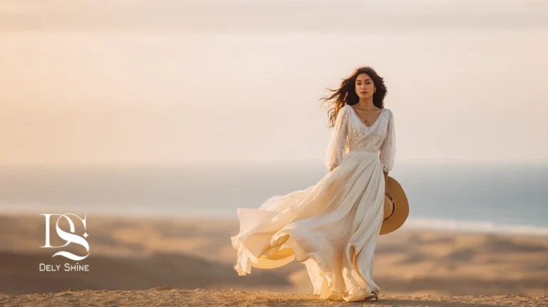 لباس عروس فرمالیته بوهمین با پارچه‌های سبک و حرکت آزاد در باد، مناسب ساحل یا کویر