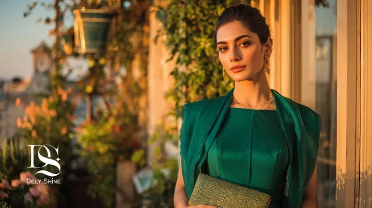 استایل شیک مهمانی عصر با لباس مجلسی کرپ و رویه ارگانزا، کلاچ ظریف و جواهرات مینیمال در نور عصرگاهی