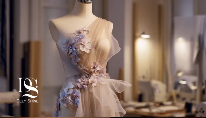 لباس مجلسی با شفافیت ظریف، سه‌بعدی‌دوزی و برش نامتقارن روی مانکن.