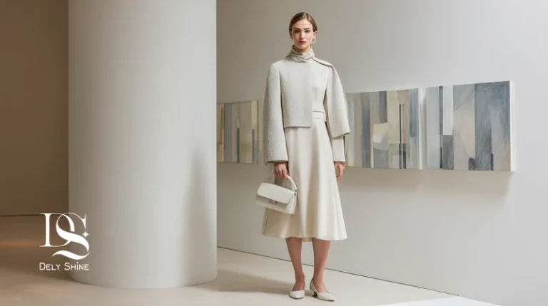 استایل رویداد فرهنگی با کت کوتاه ساختارمند و دامن میدی در گالری؛ لباس گالری‌گردی مونوکروم با اکسسوری مینیمال و پارچه پایدار