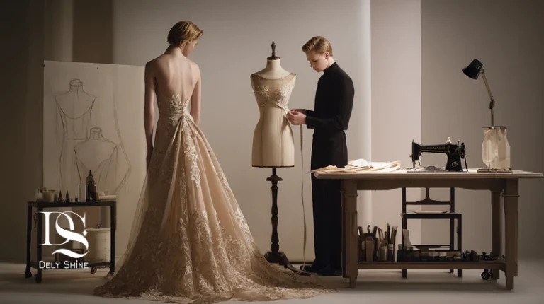 مزایای لباس سفارشی در برابر آماده‌پوش؛ خیاط در حال اندازه‌گیری لباس مجلسی با تاکید بر دوخت اختصاصی و فیت دقیق