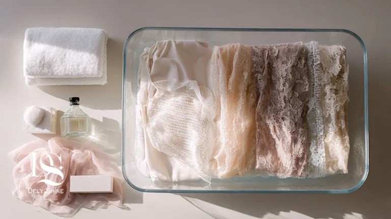 تصویر راهنمای شست‌وشوی پارچه‌های ظریف شامل دانتل و حریر با لگن آب سرد، کیسه لباس و شوینده ملایم؛ مناسب مراقبت از لباس مجلسی و مزون‌دوزی دلی‌شاین.
