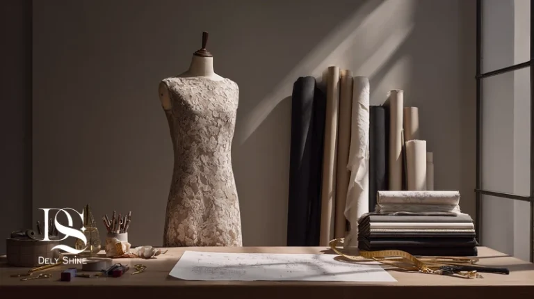 پشت صحنه مزون؛ آتلیه با میز برش، رول پارچه و نیم‌تنه خیاطی در حال دوخت یک لباس امضادار با هویت طراحی و کیفیت دوخت مزونی