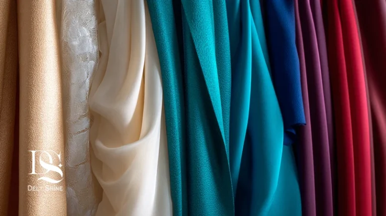 رک آویزان از پارچه‌های مزونی با تکسچر واضح؛ ساتن، کرپ، ارگانزا و تافته با نور استودیویی نرم برای تشخیص کیفیت پارچه و خرید آنلاین پارچه مجلسی